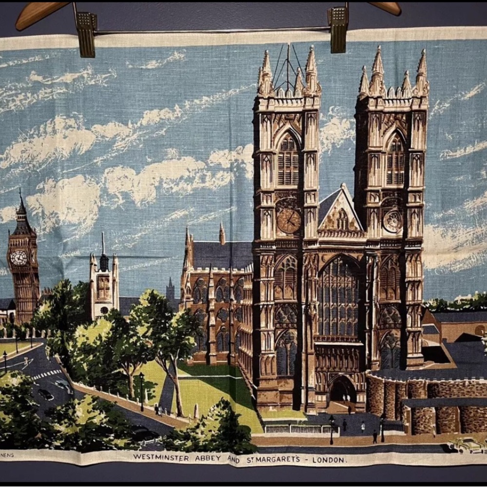 Vintage Tea Towel Irish Cabin Linens Westminster Abbey St. Margaret’s London NOS